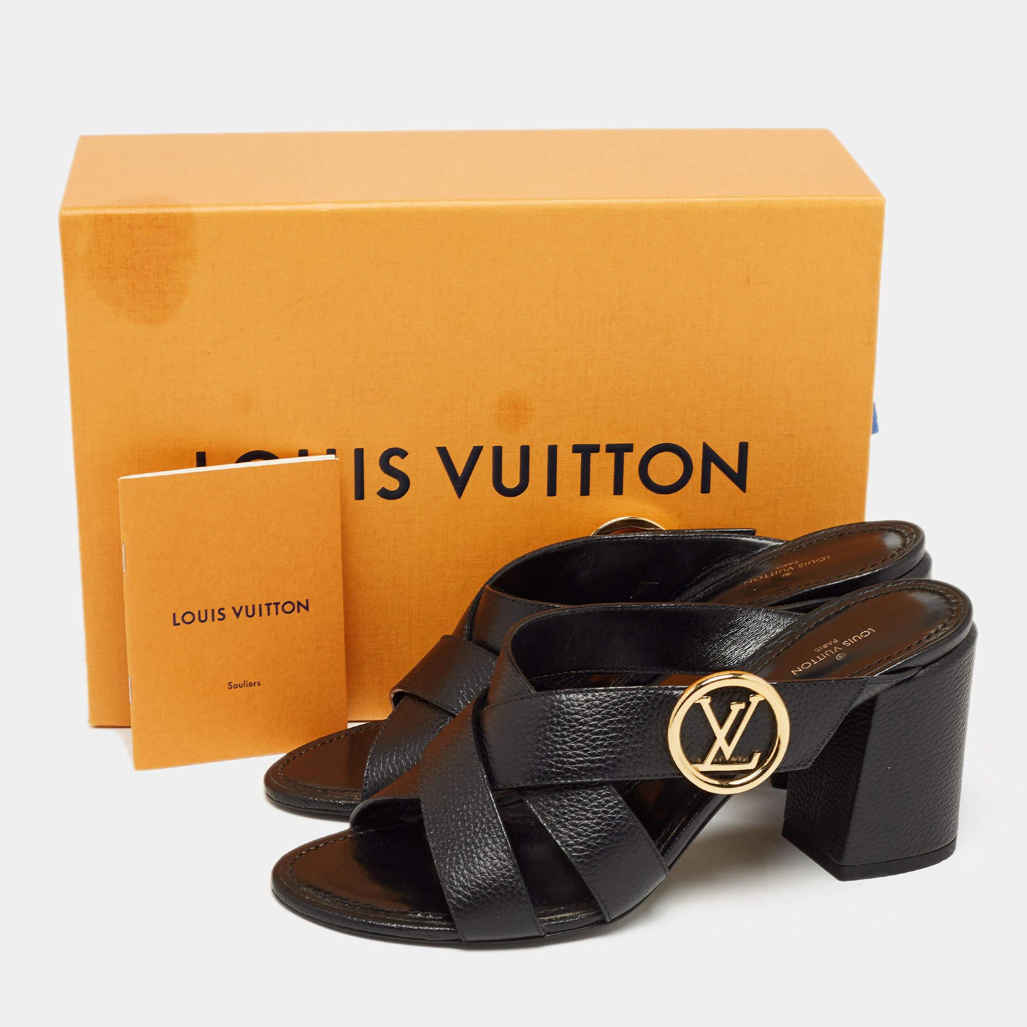 Louis Vuitton Black Leather Block Heel Slide Sandals Size 40 5