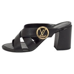 Louis Vuitton Black Leather Block Heel Slide Sandals Size 40