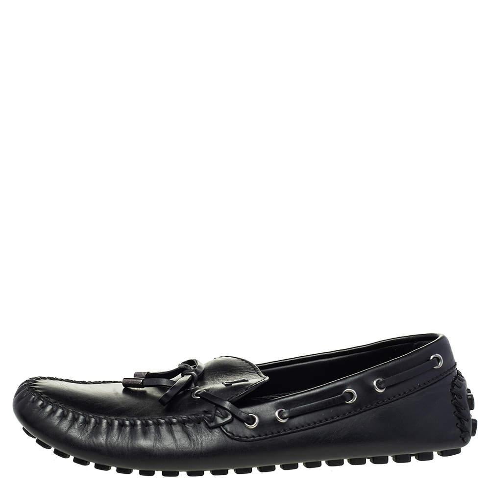 Louis Vuitton Black Leather Bow Slip On Loafers Size 43.5 For Sale 2