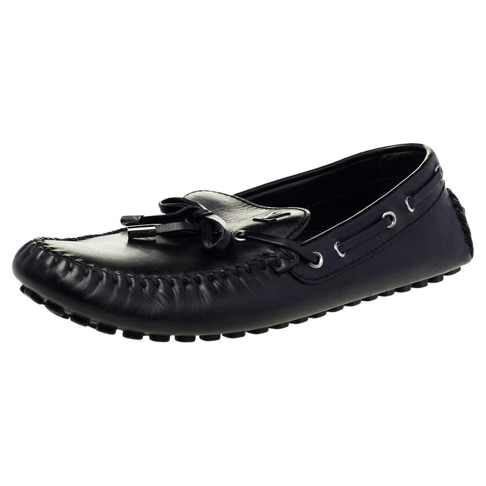 Louis Vuitton Black Leather Bow Slip On Loafers Size 43.5 For Sale