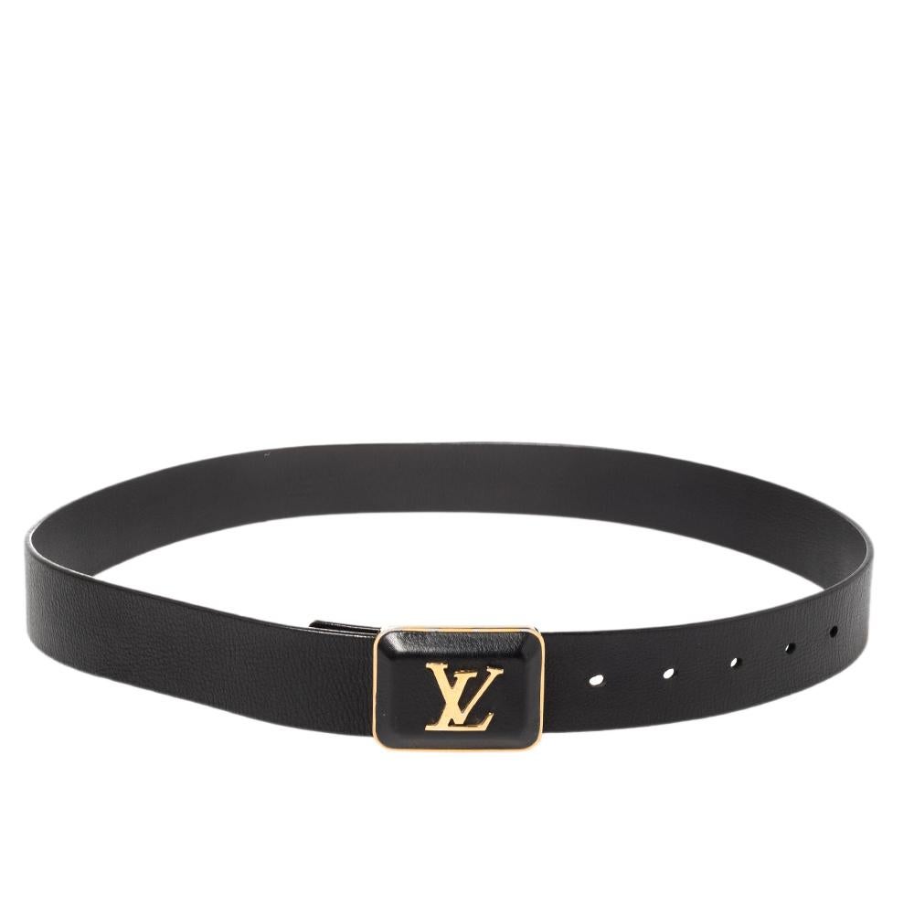 Presenting the finest of craftsmanship even with its accessories—that's Louis Vuitton! Cut from leather, this black designer belt for women has a square buckle in gold-tone metal as well as leather and it flaunts signature branding.

Includes: