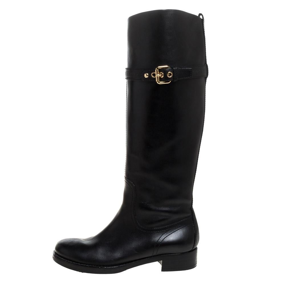 Louis Vuitton Black Leather Buckle Detail Knee Length Boots Size 37 1