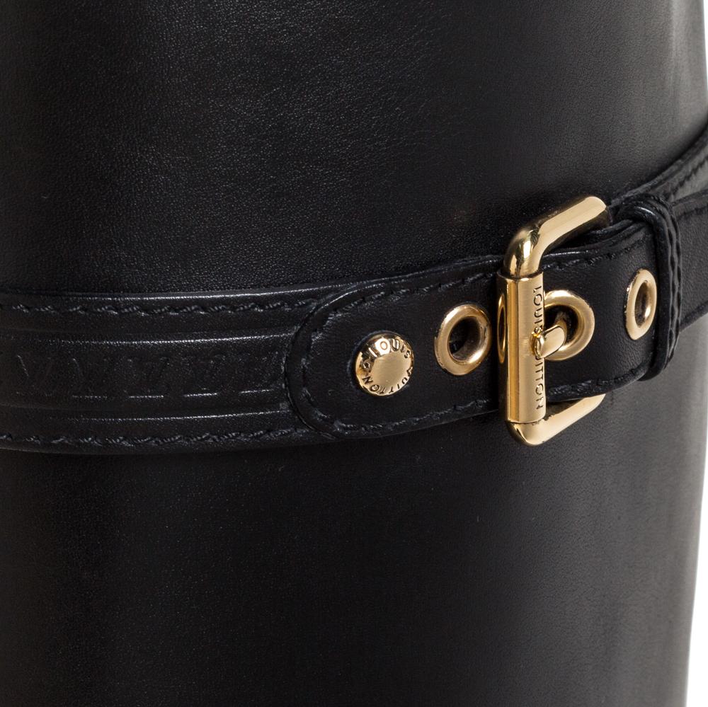 Louis Vuitton Black Leather Buckle Detail Knee Length Boots Size 37 4