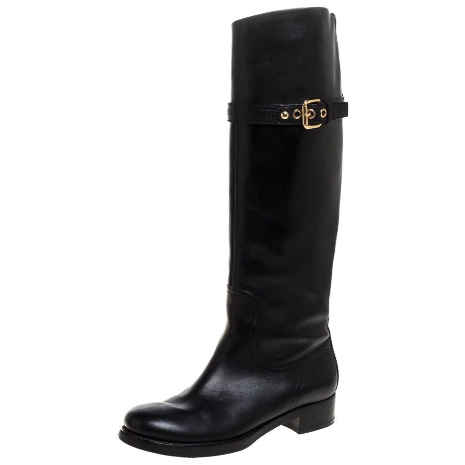 Louis Vuitton Black Leather Buckle Detail Knee Length Boots Size 37