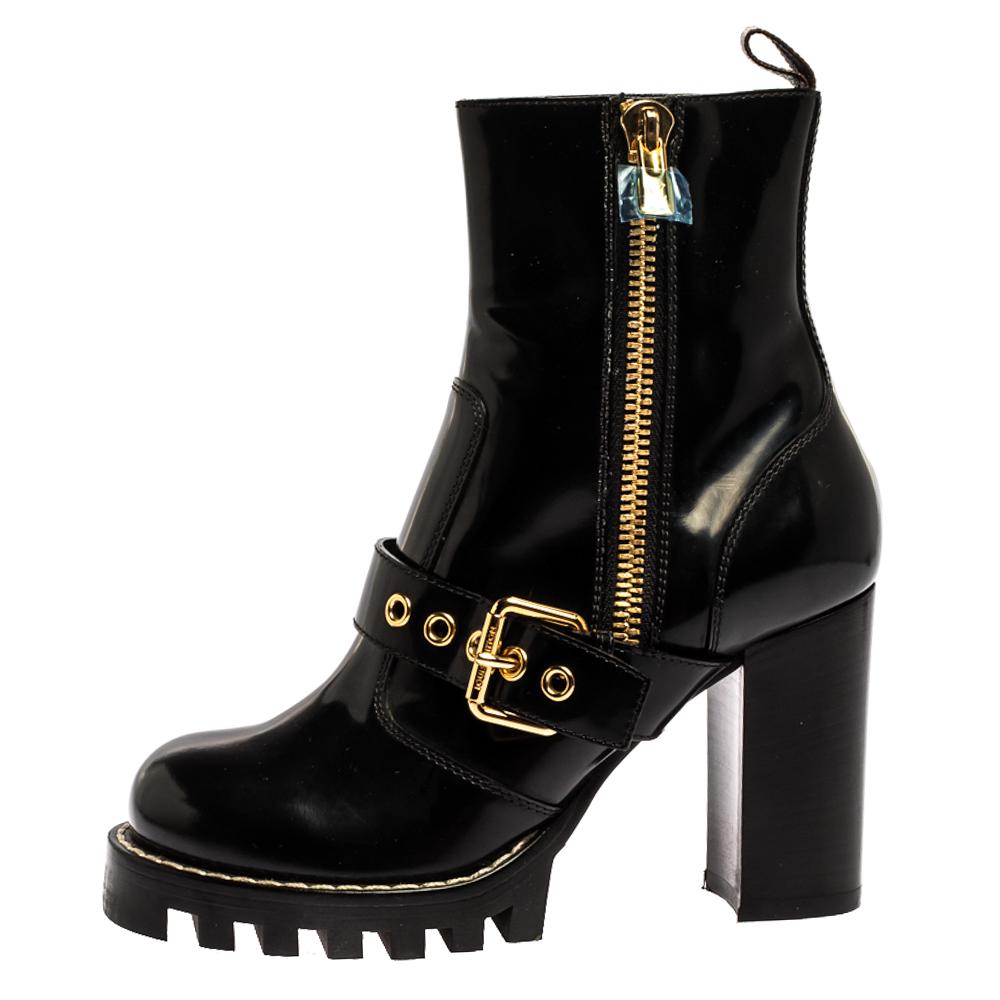 Women's Louis Vuitton Black Leather Buckle Detail Platform Combat Ankle Boots Size 37
