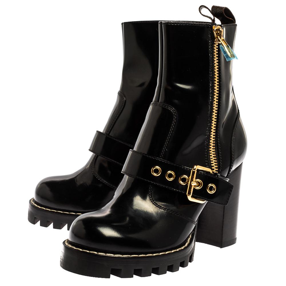 Louis Vuitton Black Leather Buckle Detail Platform Combat Ankle Boots Size 37 2