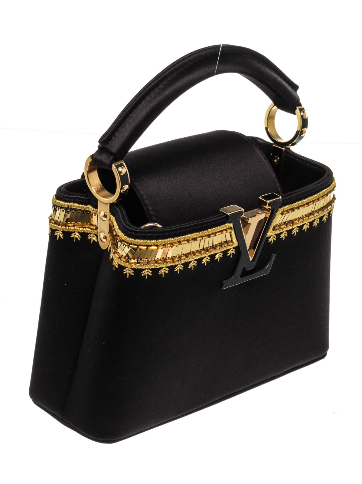 Louis Vuitton Black Leather Capucines Satin Handbag In Good Condition For Sale In Irvine, CA