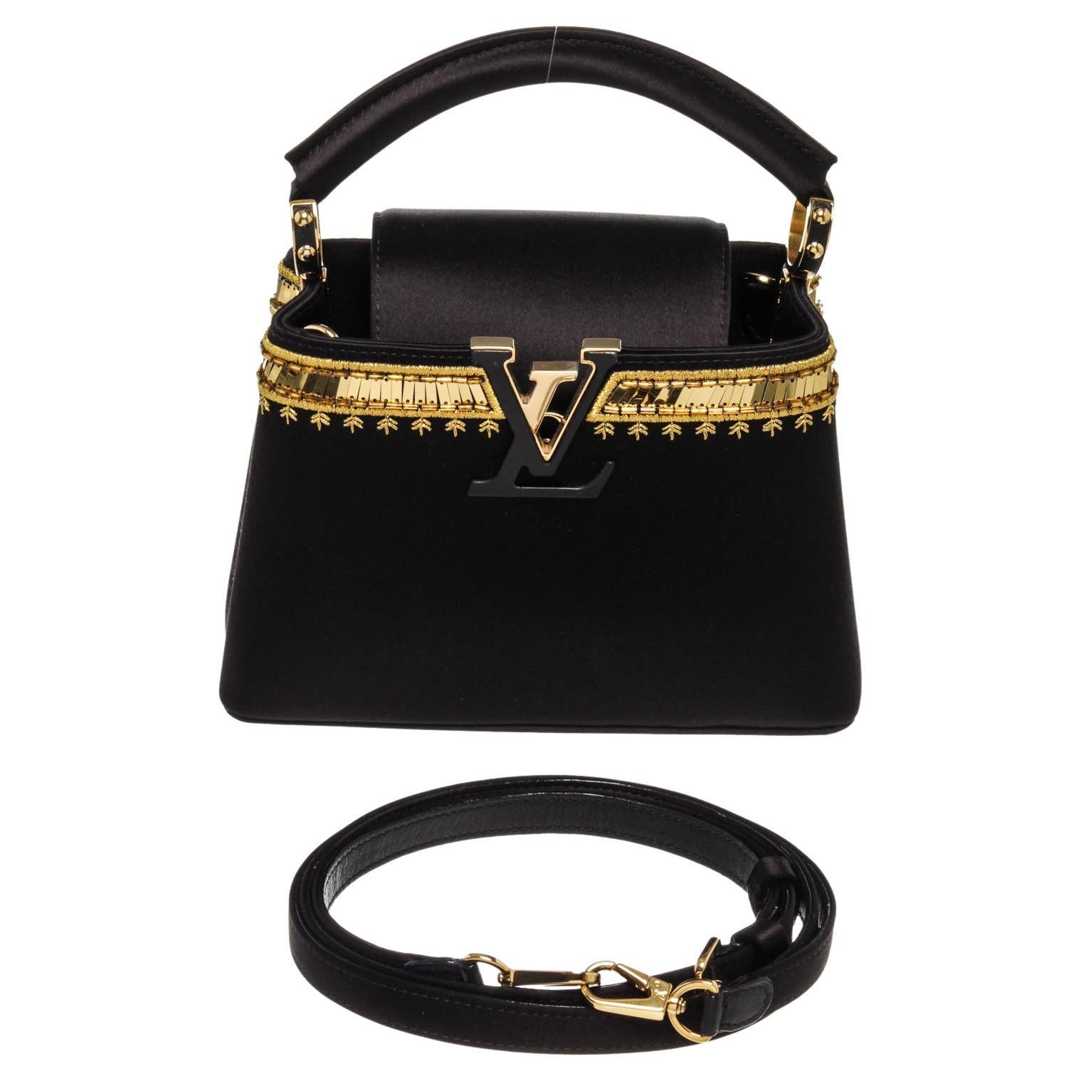 Louis Vuitton Black Leather Capucines Satin Handbag For Sale