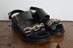 Louis Vuitton Black Leather Chunky Sandals with Chrome Chain Detail - EU 36
