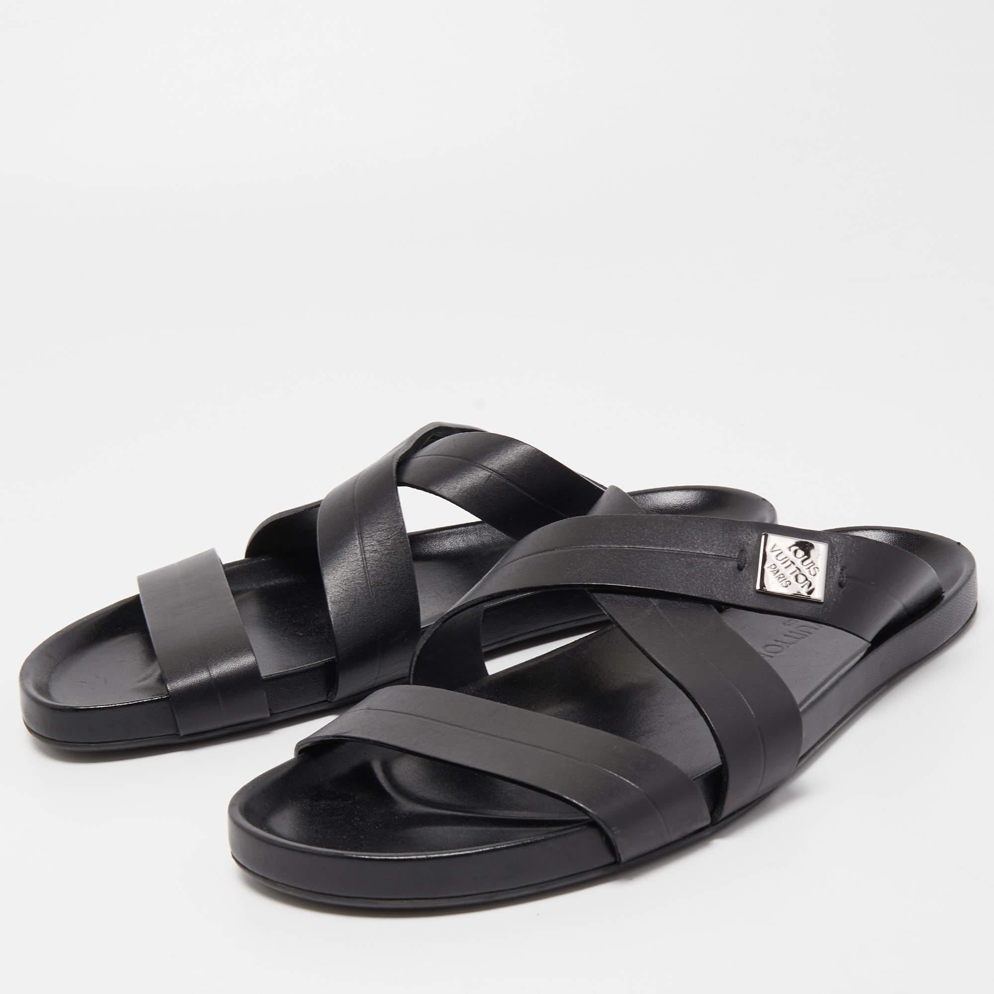 Louis Vuitton Black Leather Criss Cross Strap Flat Slide Sandals