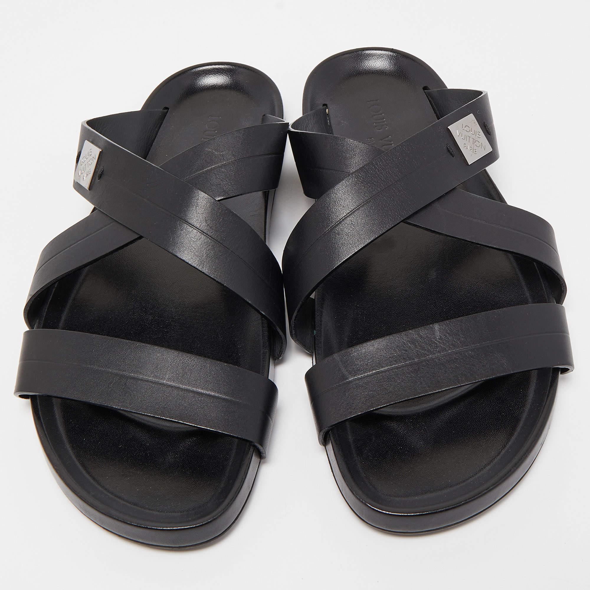Louis Vuitton Black Leather Criss Cross Strap Flat Slide Sandals Size 42 4