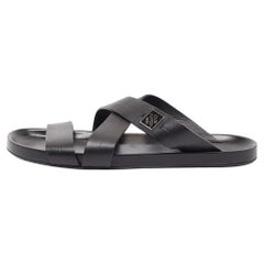 Louis Vuitton Black Leather Criss Cross Strap Flat Slide Sandals Size 42