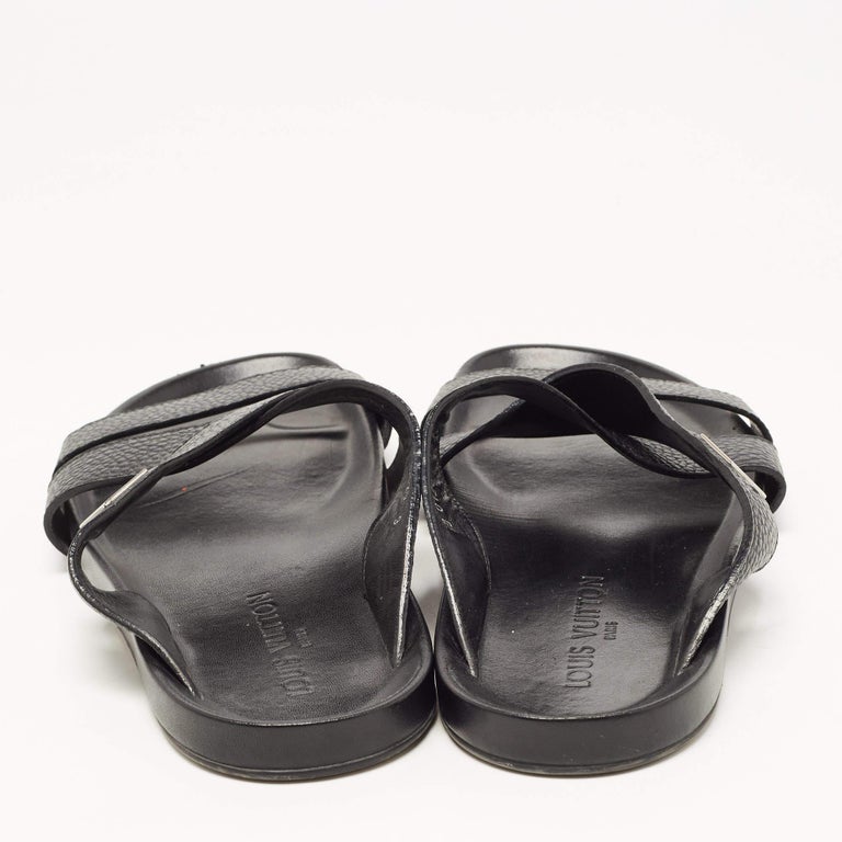 Louis Vuitton Black Leather Crisscross Strap Flat Slides Size 43