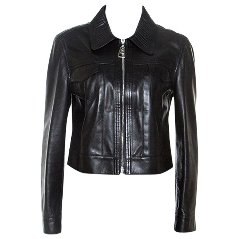 Louis Vuitton Black Leather Cropped Zip Front Jacket M