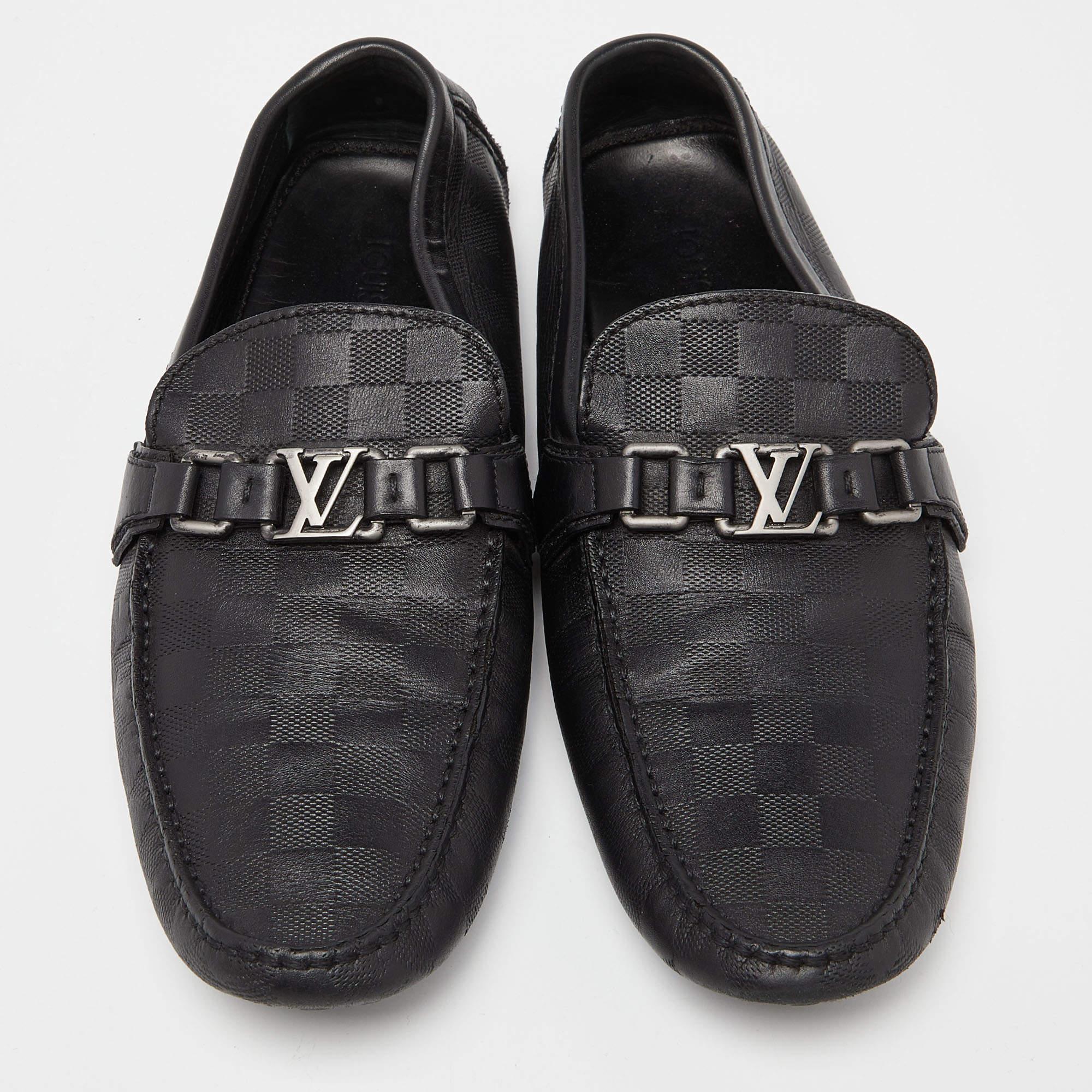Men's Louis Vuitton Black Leather Damier Hockenheim Loafers Size 44 For Sale