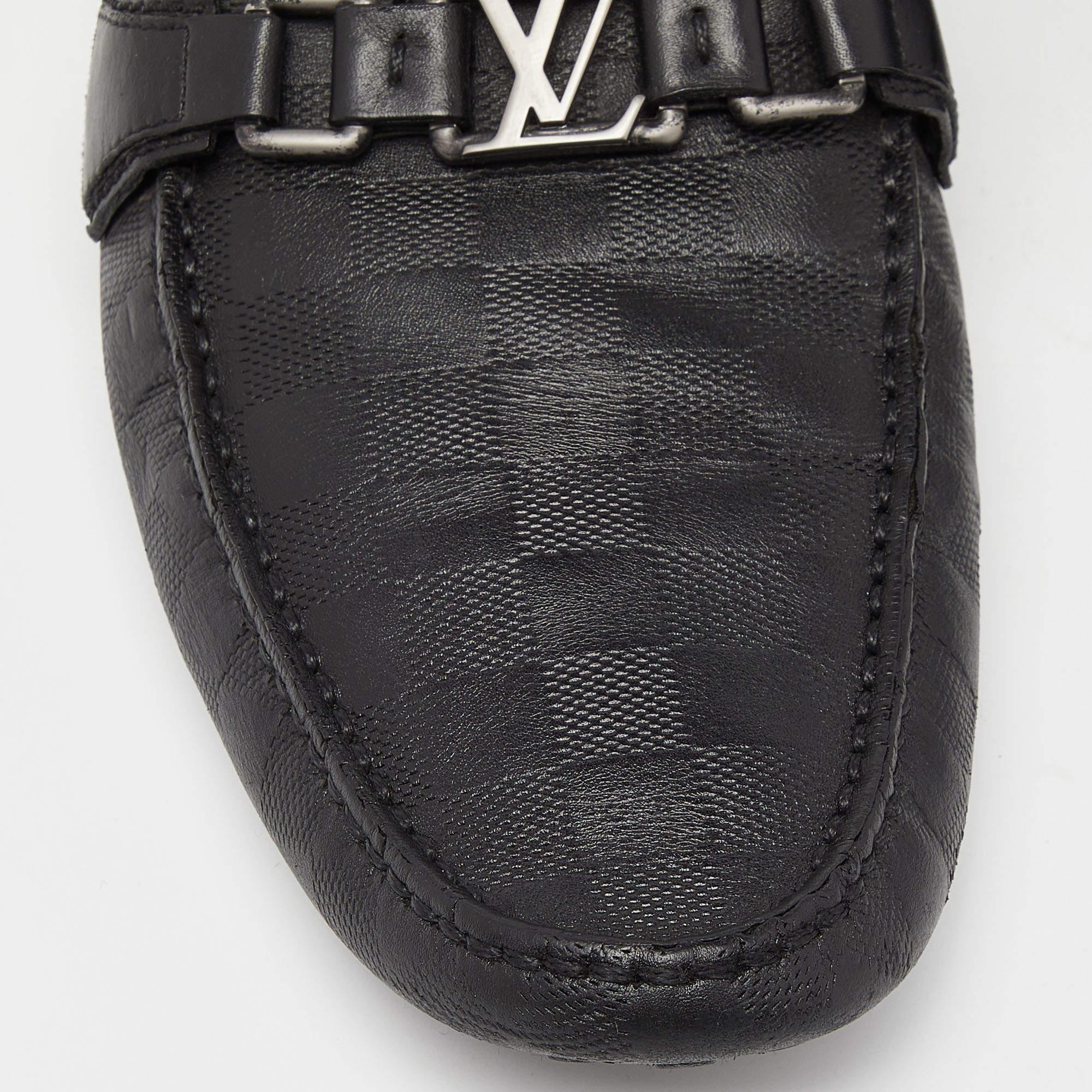 Louis Vuitton Black Leather Damier Hockenheim Loafers Size 44 For Sale 4