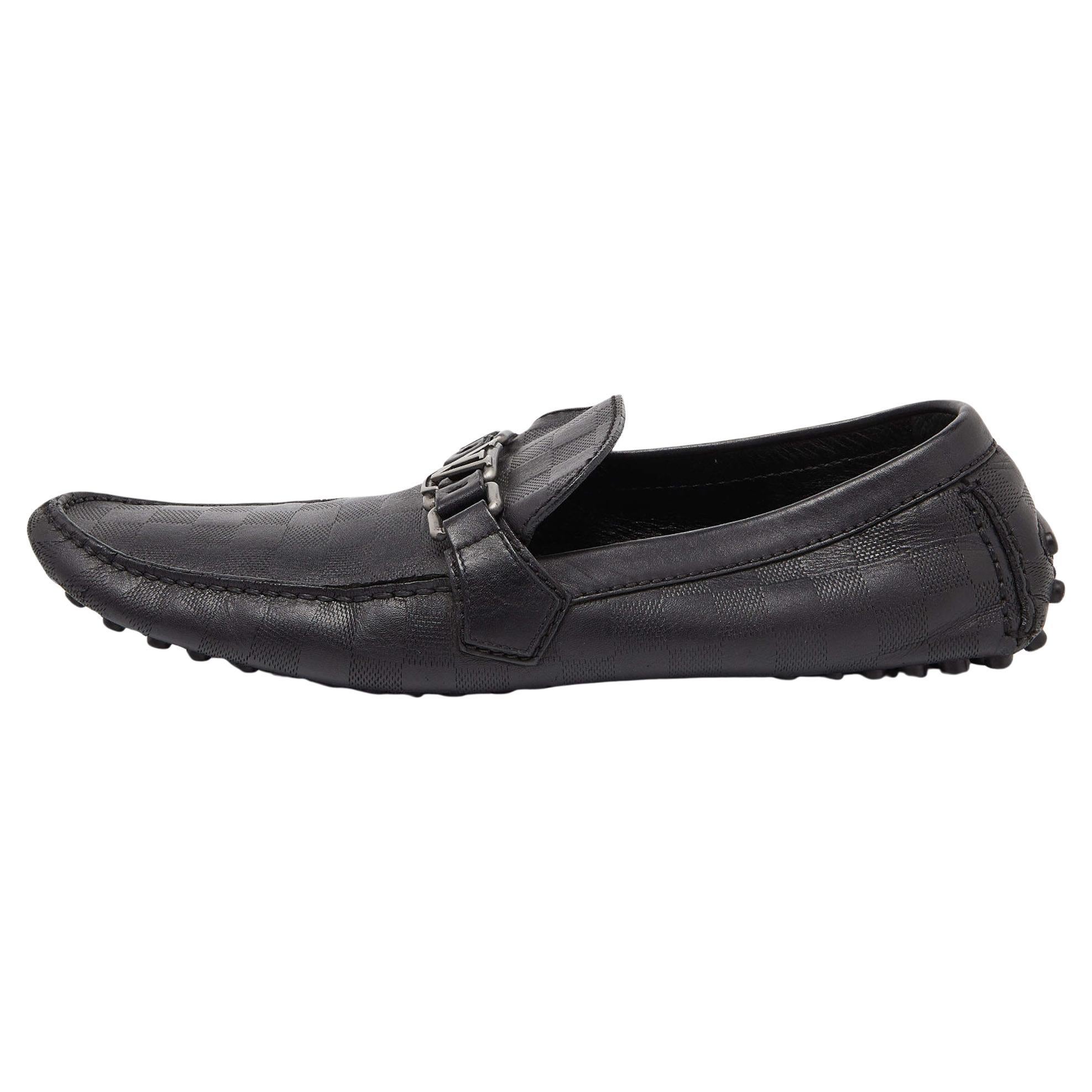 Louis Vuitton Black Leather Damier Hockenheim Loafers Size 44 For Sale