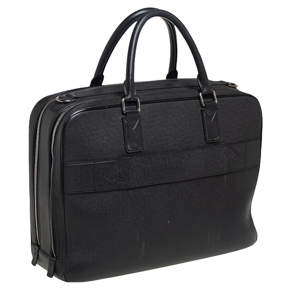 Men's Louis Vuitton Black Leather Double Zip Documents Bag
