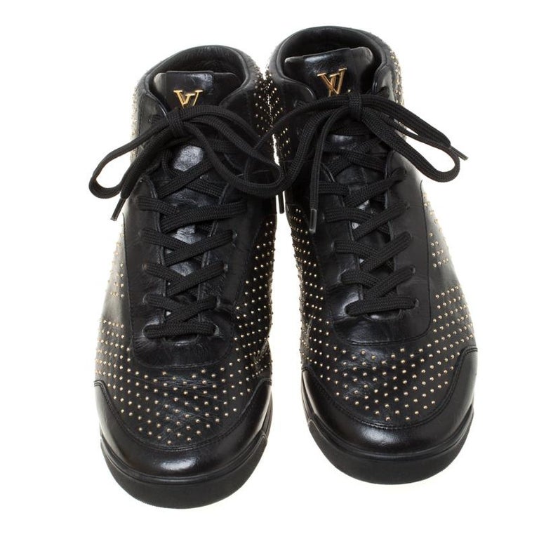 Louis Vuitton Black Leather Embellished Lace Up High Top Sneakers Size