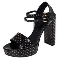 Louis Vuitton Black Leather Eyelet Platform Ankle Strap Sandals Size 38.5