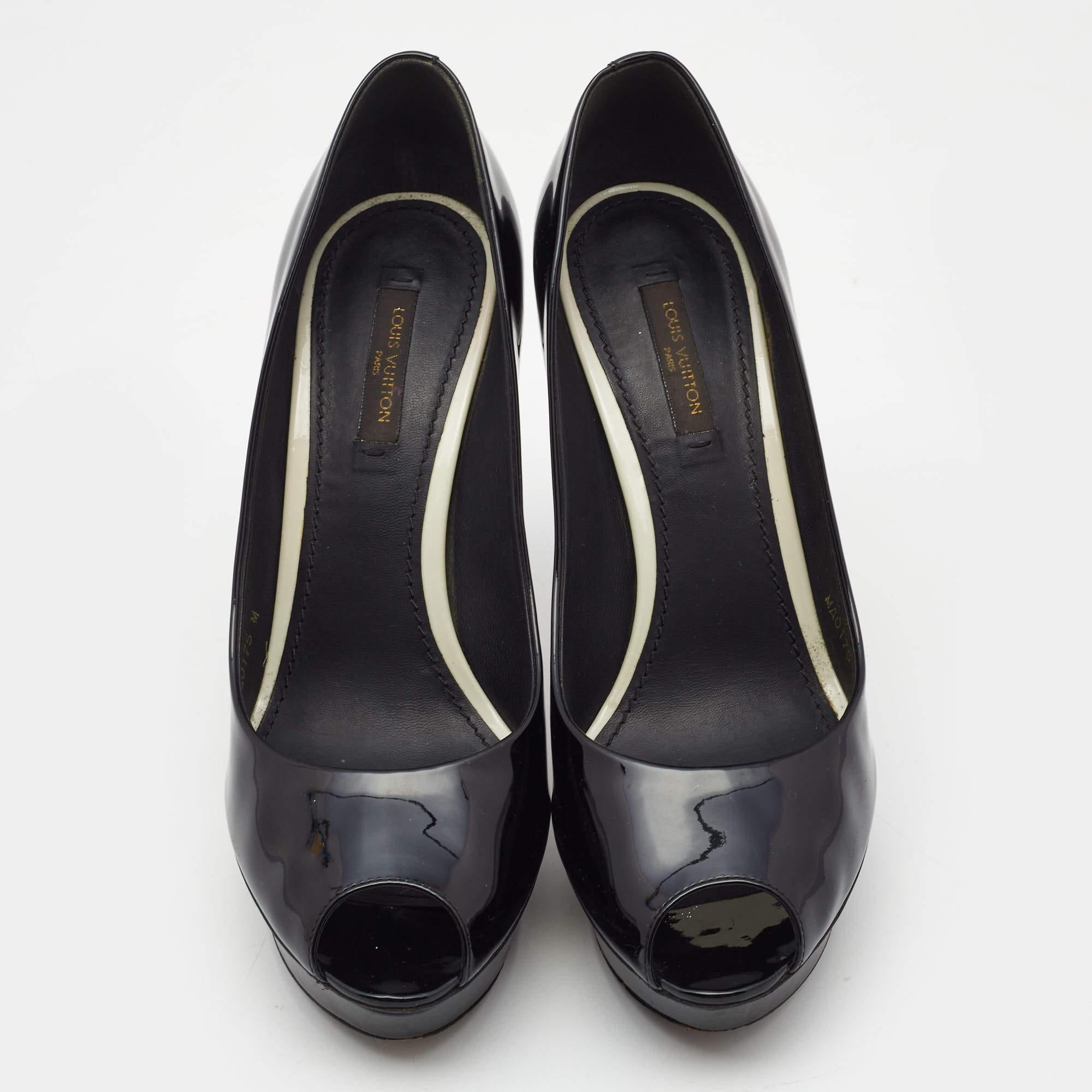 Louis Vuitton Black Leather Eyeline Platform Peep Toe Pumps Size 38 In Good Condition In Dubai, Al Qouz 2