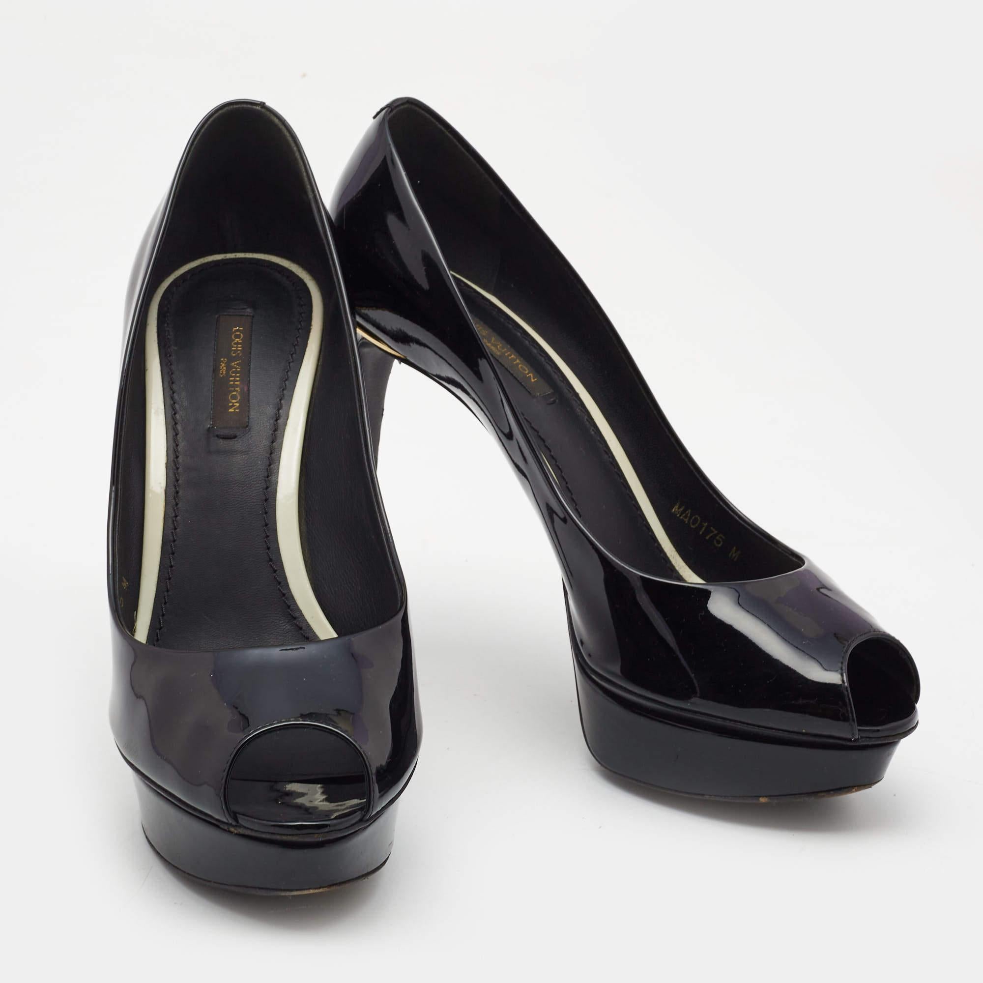 Women's Louis Vuitton Black Leather Eyeline Platform Peep Toe Pumps Size 38