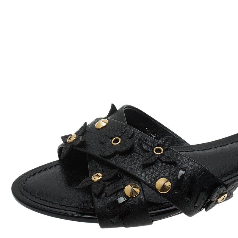 Louis Vuitton Black Leather Fleur Gladiator Sandals Size 36 4