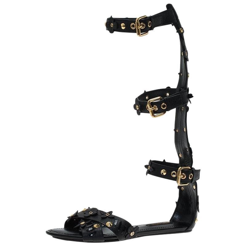 Louis Vuitton Black Leather Fleur Gladiator Sandals Size 36