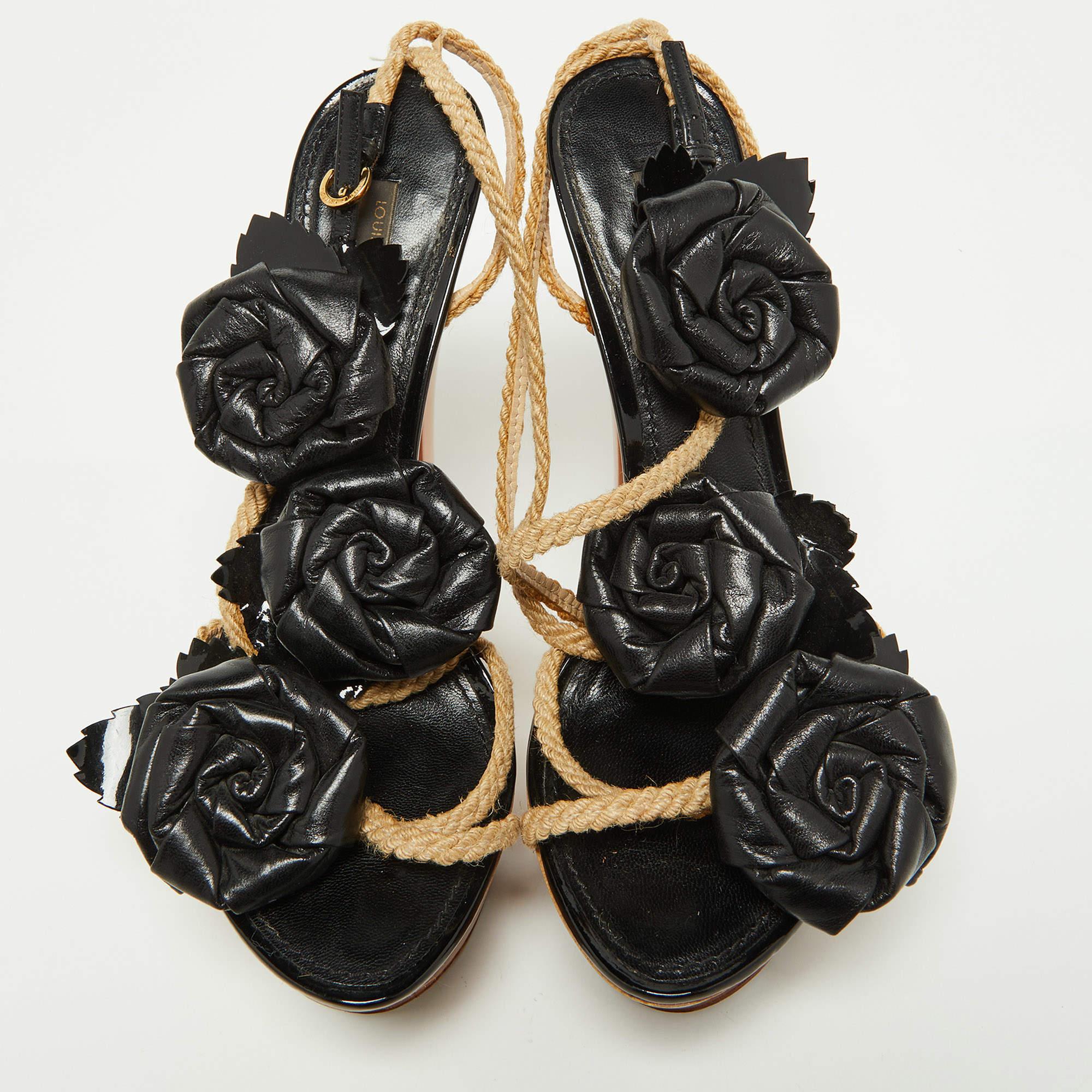 Women's Louis Vuitton Black Leather Floral Applique Rope Strap Platform Sandals Size 38 For Sale