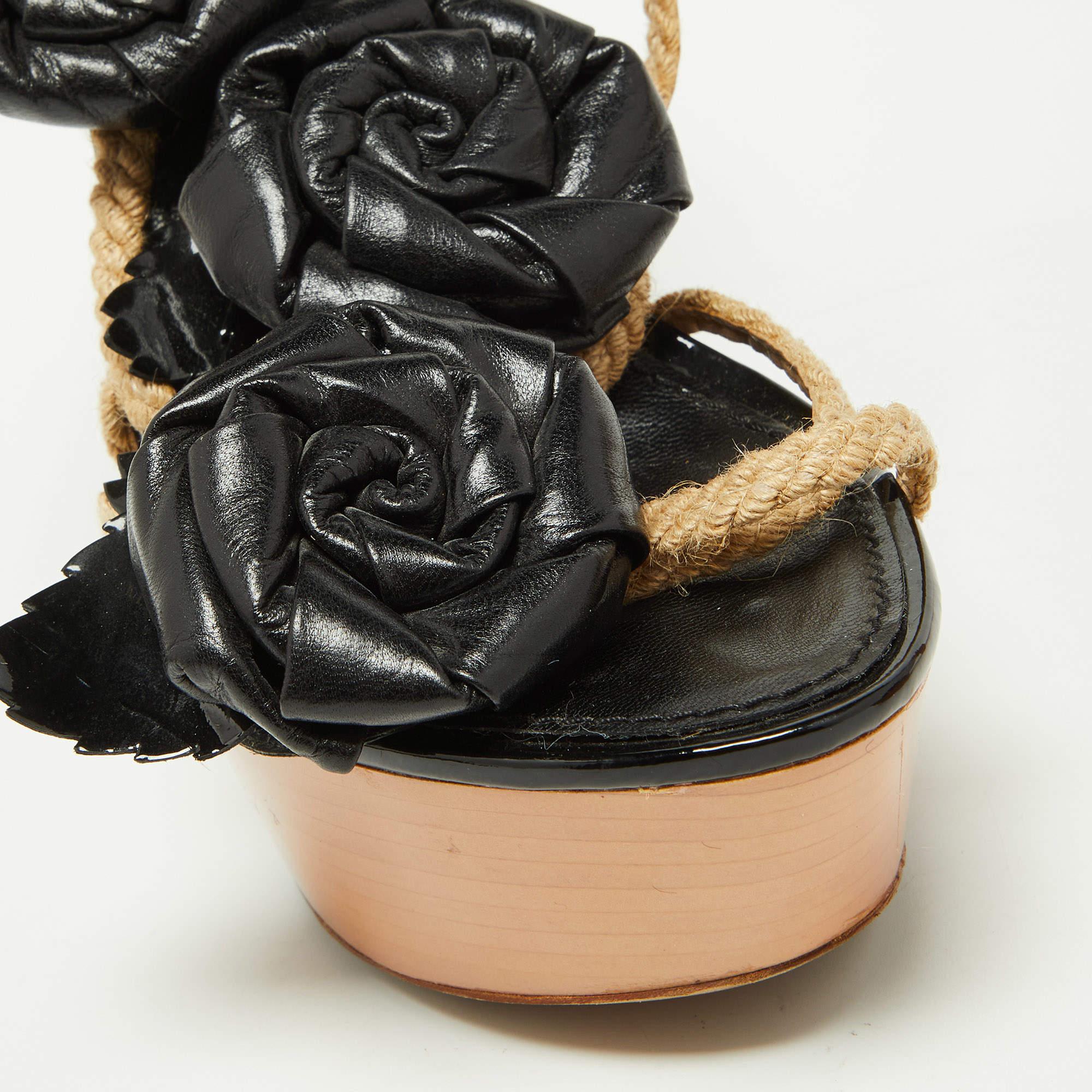 Louis Vuitton Black Leather Floral Applique Rope Strap Platform Sandals Size 38 For Sale 1