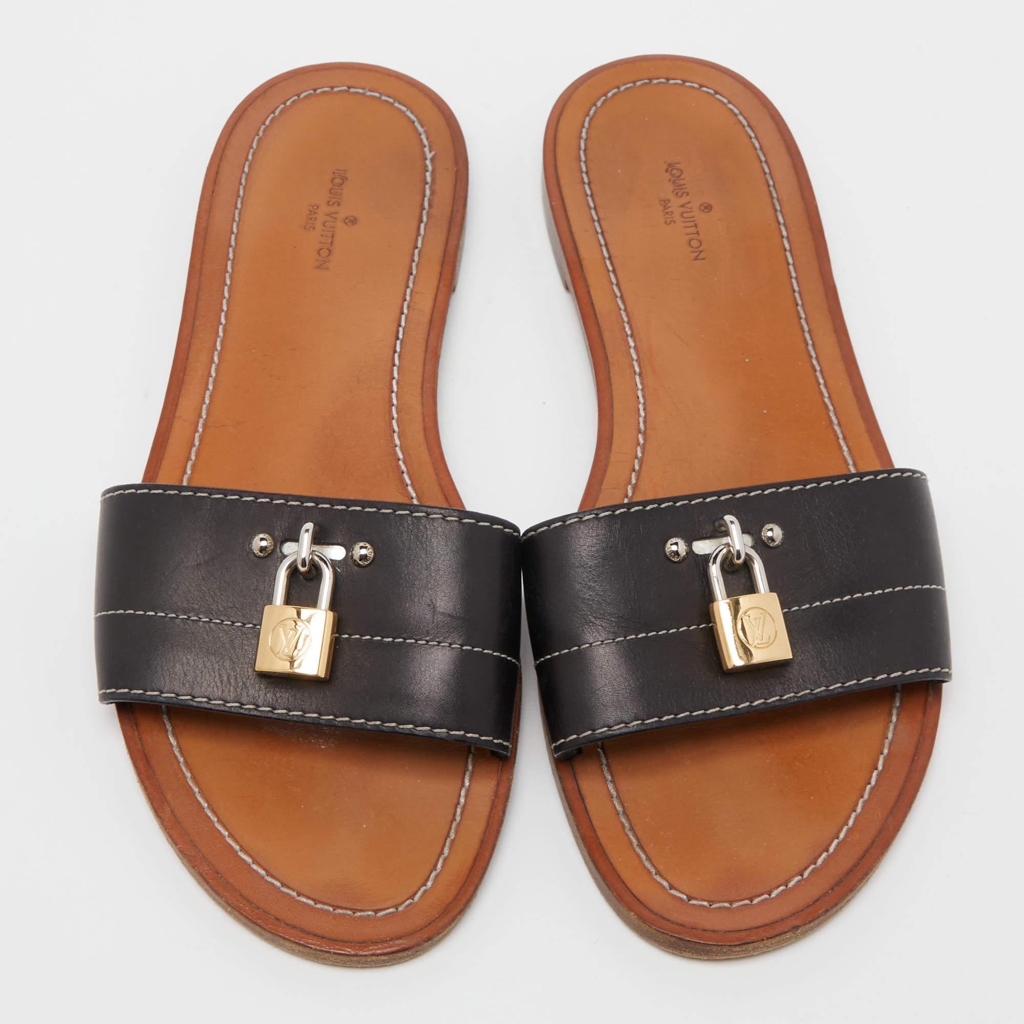 Brown Louis Vuitton Black Leather Lock It Flat Slides  For Sale