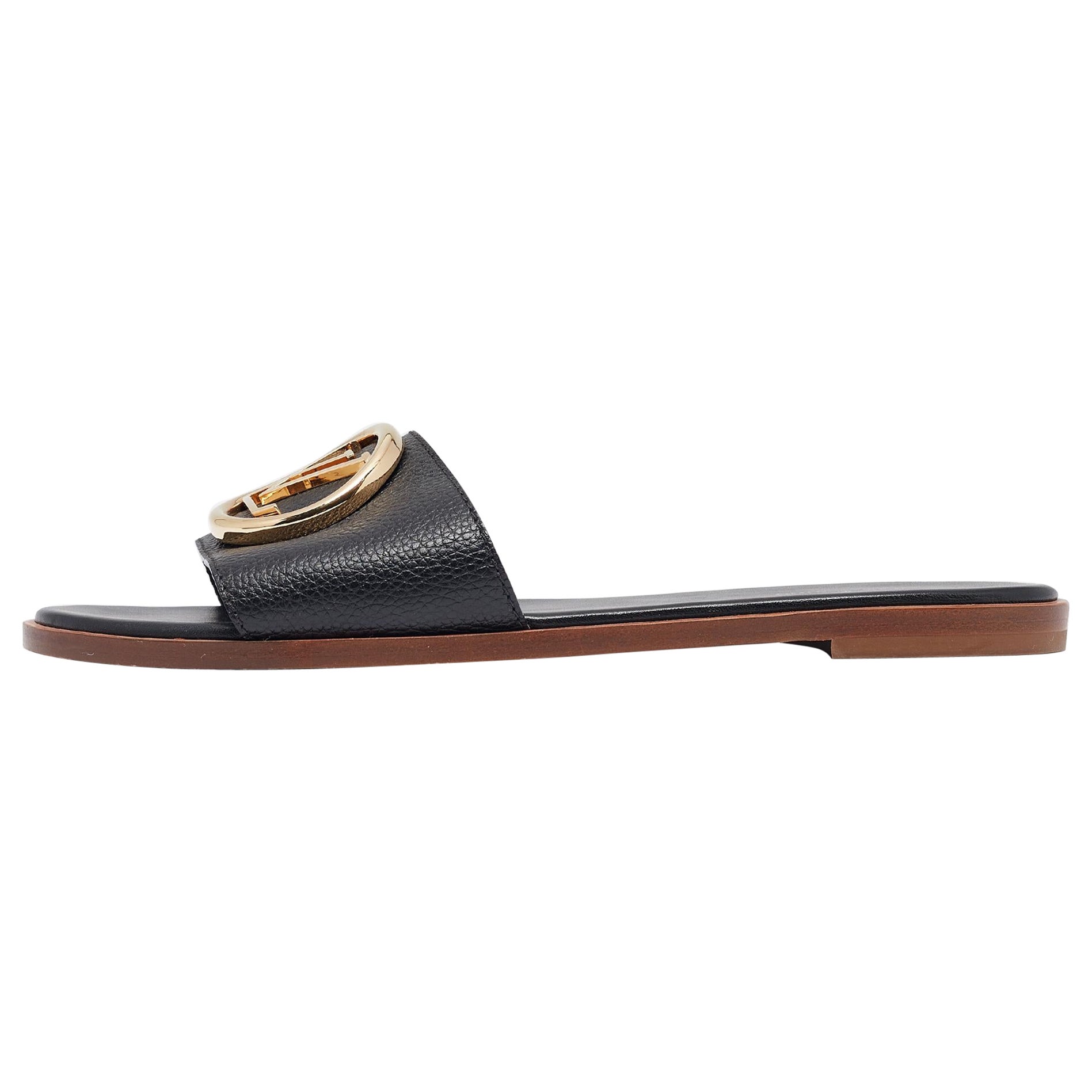 Louis Vuitton Black Leather Lock It Flat Slides Size 39