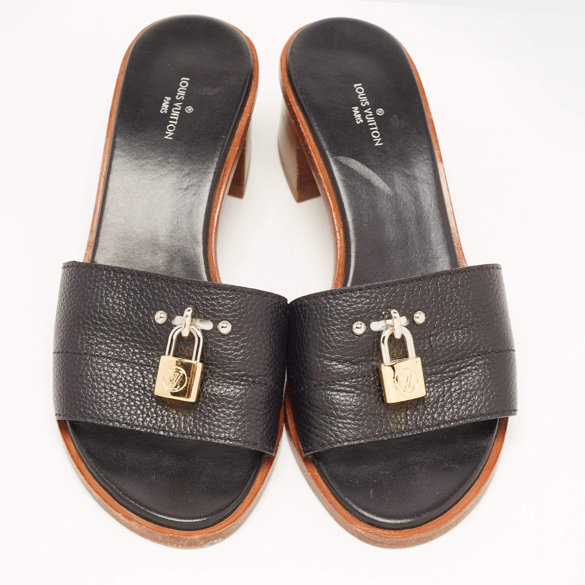 Brown Louis Vuitton Black Leather Lock It Sandals Size 37