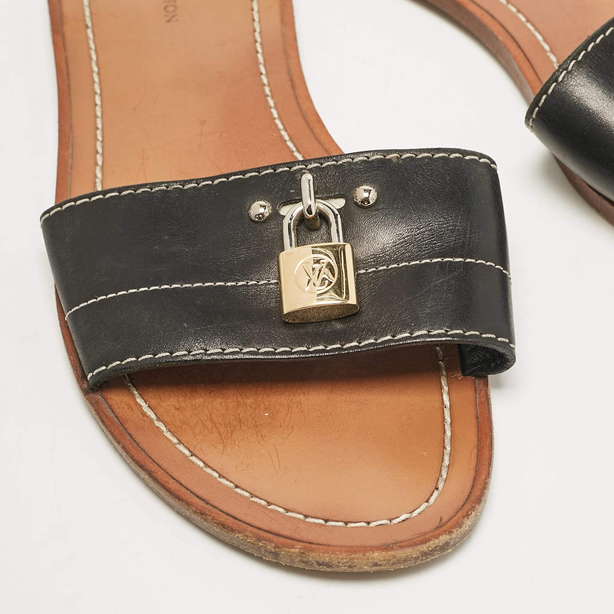 Louis Vuitton Schwarz Leder Lock It Slide Flats Größe 37 im Angebot 2