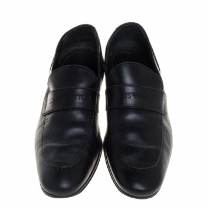 Louis Vuitton Black Leather Logo Perforated Slip On Loafers Size 40 For Sale 1