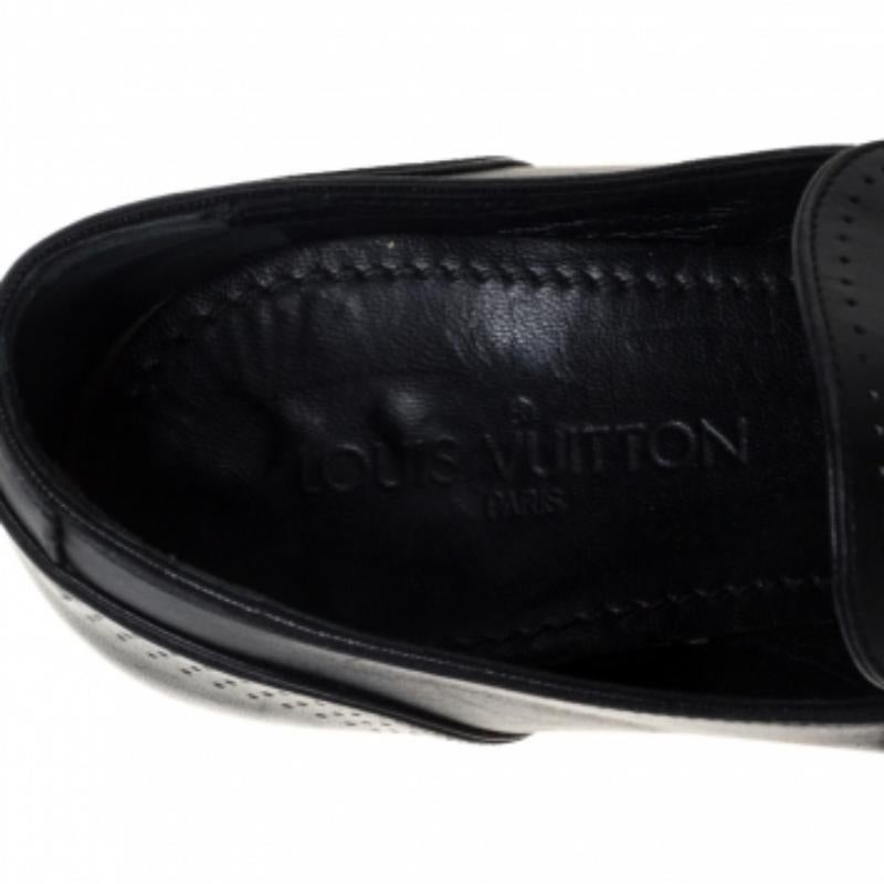 Louis Vuitton Black Leather Logo Perforated Slip On Loafers Size 40 For Sale 2