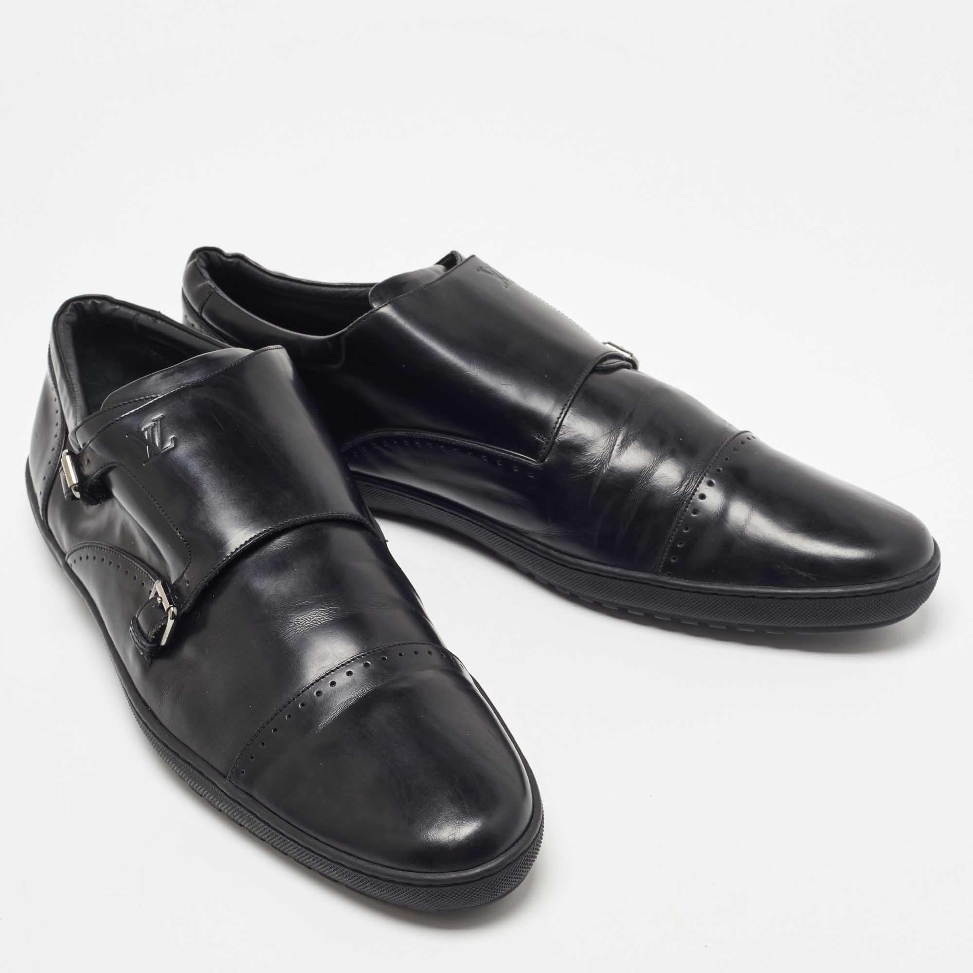 Louis Vuitton Black Leather Monk Strap Loafers Size 46 In Good Condition For Sale In Dubai, Al Qouz 2