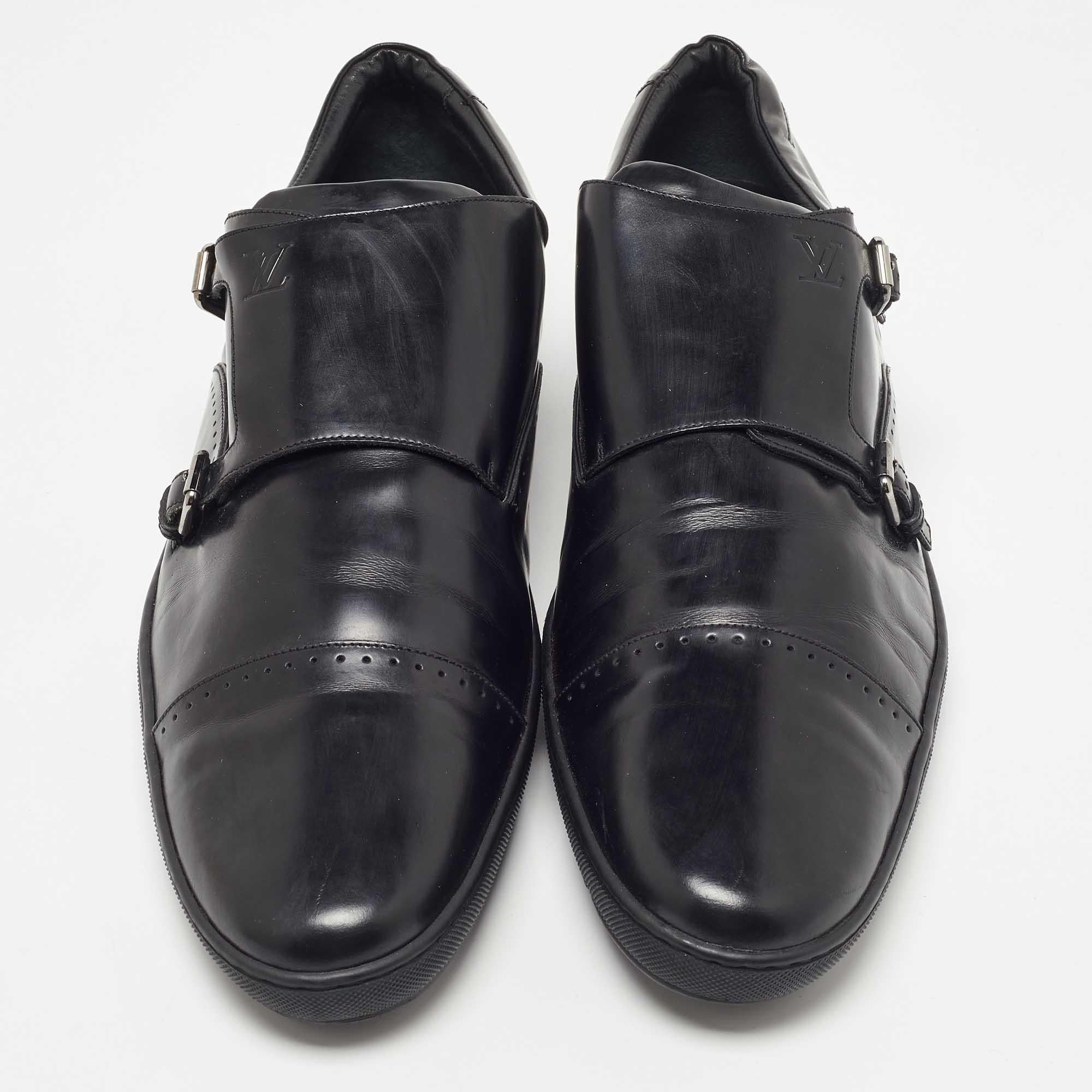 Men's Louis Vuitton Black Leather Monk Strap Loafers Size 46 For Sale