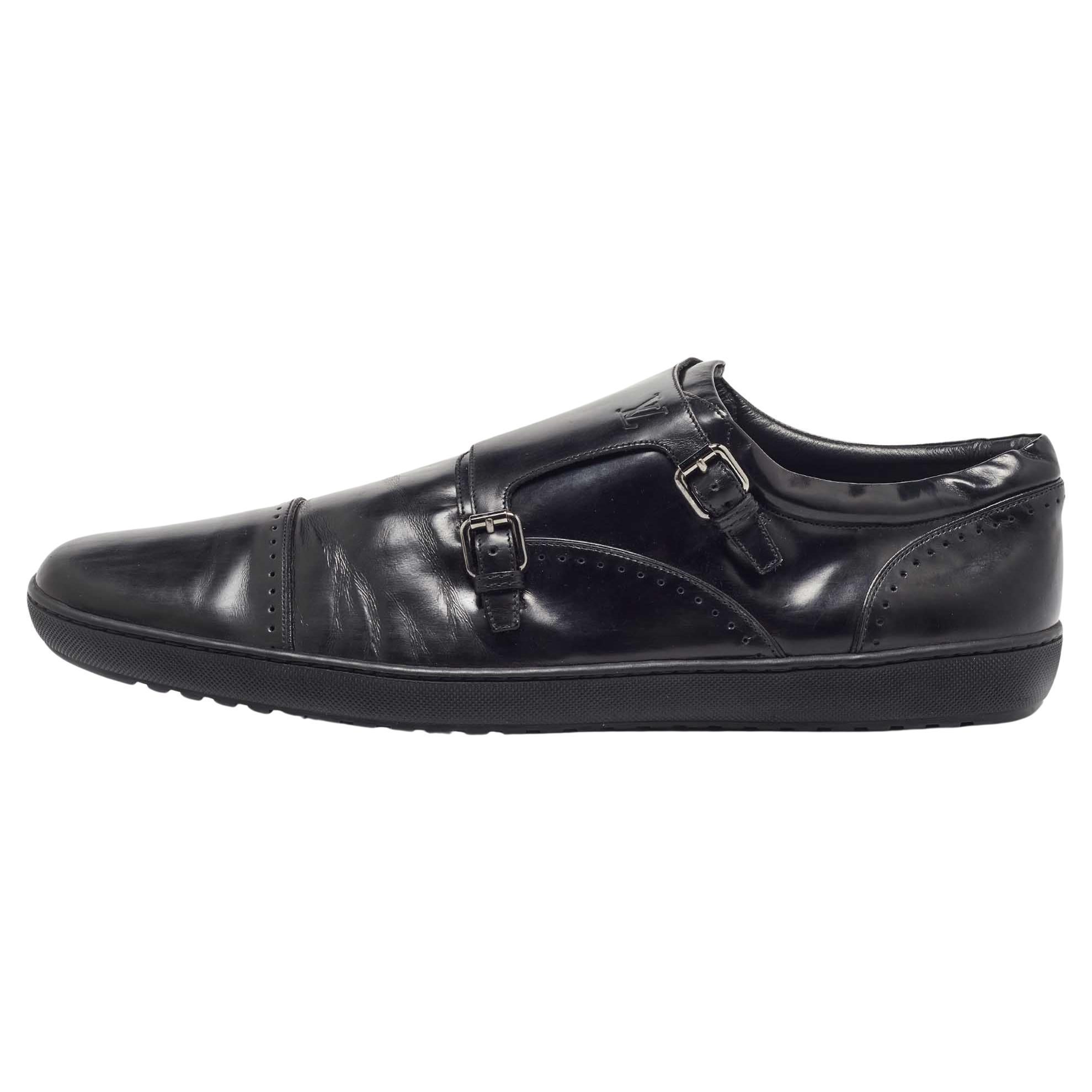 Louis Vuitton Black Leather Monk Strap Loafers Size 46 For Sale