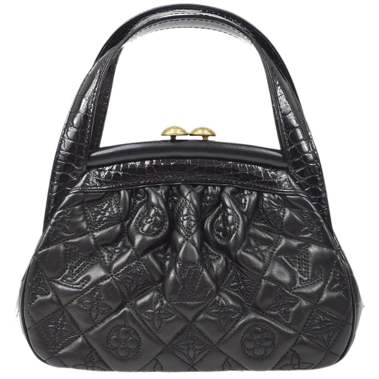 Louis Vuitton Black Leather Monogram Alligator Exotic Top Handle Satchel Bag