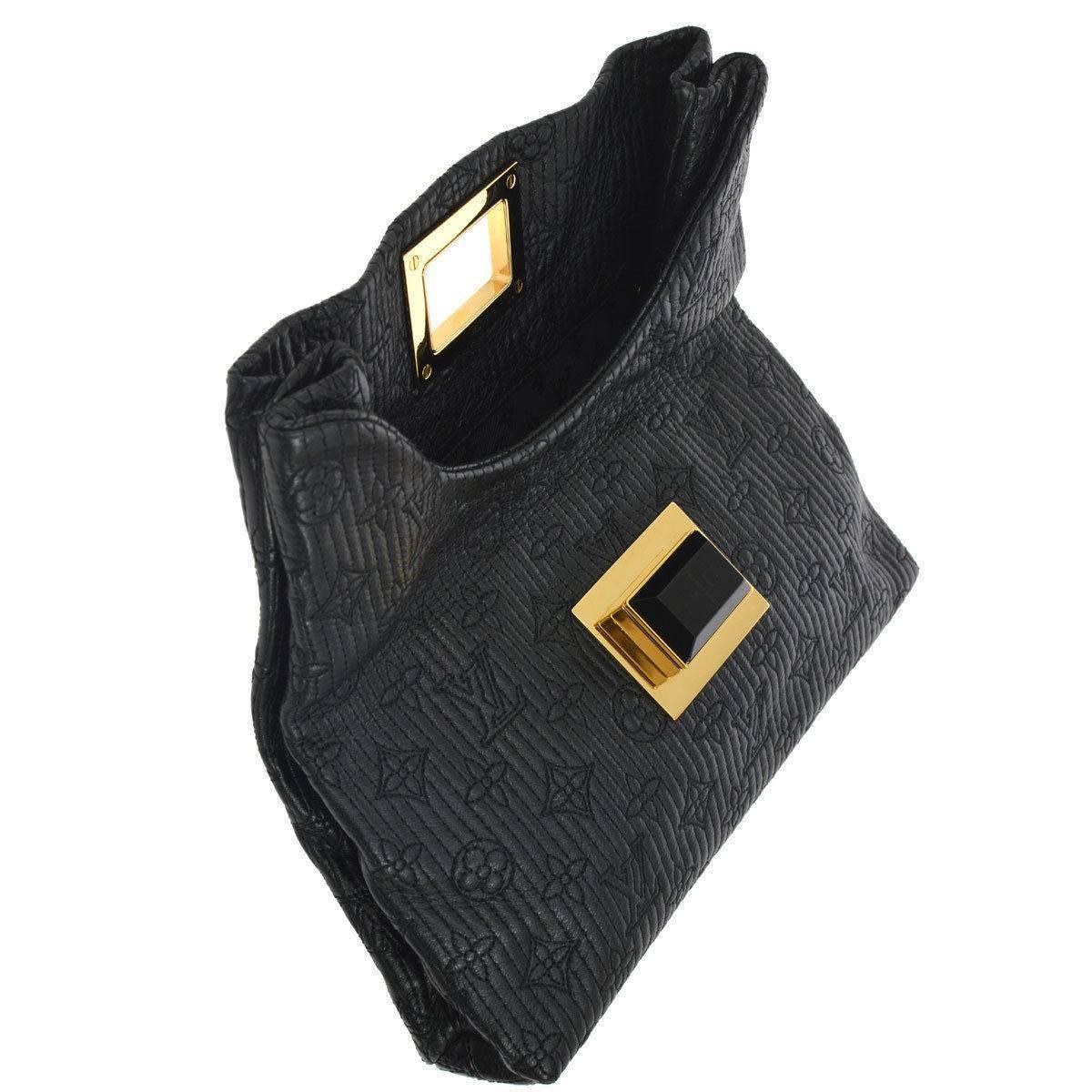 Women's or Men's Louis Vuitton Black Leather Monogram Gold Turnlock Foldover Evening Clutch Bag