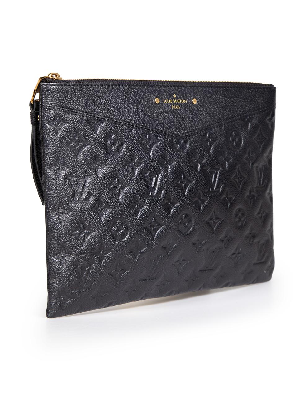 CONDITION is Verygood. Minimal wear to the bag is evident, there are mild scratches on the hardware on this used Louis Vuitton designer resale item.
 
 
 
 Details
 
 
 Black
 
 Empreinte leather
 
 Medium clutch bag
 
 Monogram embossed pattern
 
