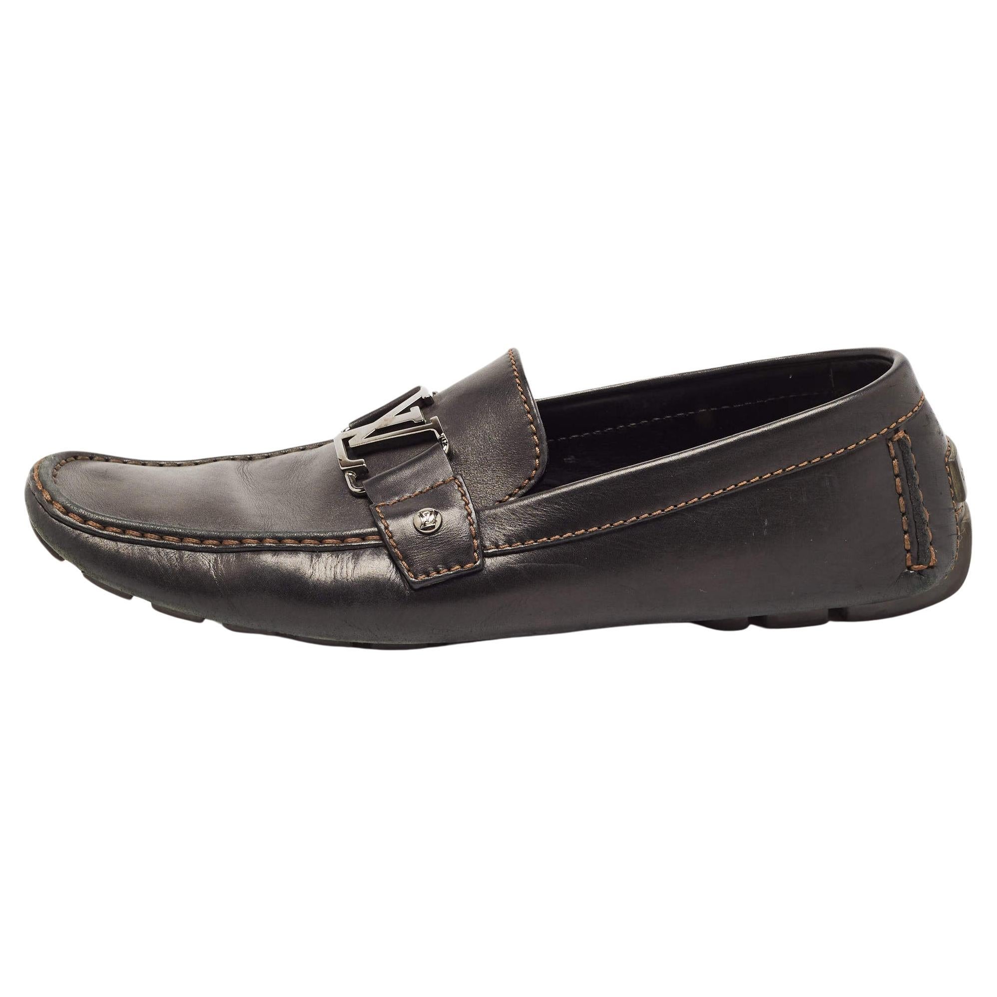 Louis Vuitton Black Leather Monte Carlo Loafers Size 44.5 For Sale