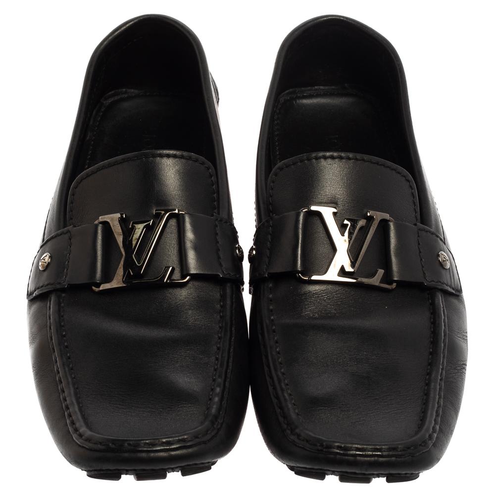 Louis Vuitton Black Leather Monte Carlo Slip On Loafers Size 44 In Good Condition In Dubai, Al Qouz 2