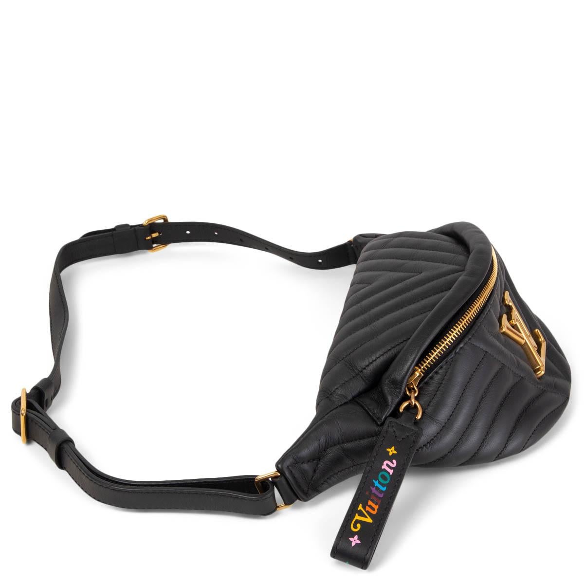 100% authentic Louis Vuitton New Wave Bumbag Belt Bag in black quilted leather featuring gold-tone hardware and rainbow logo zipper pull. Opens with a zipper on top and is lined in black canvas. Has been carried and is in excellent condition. Comes