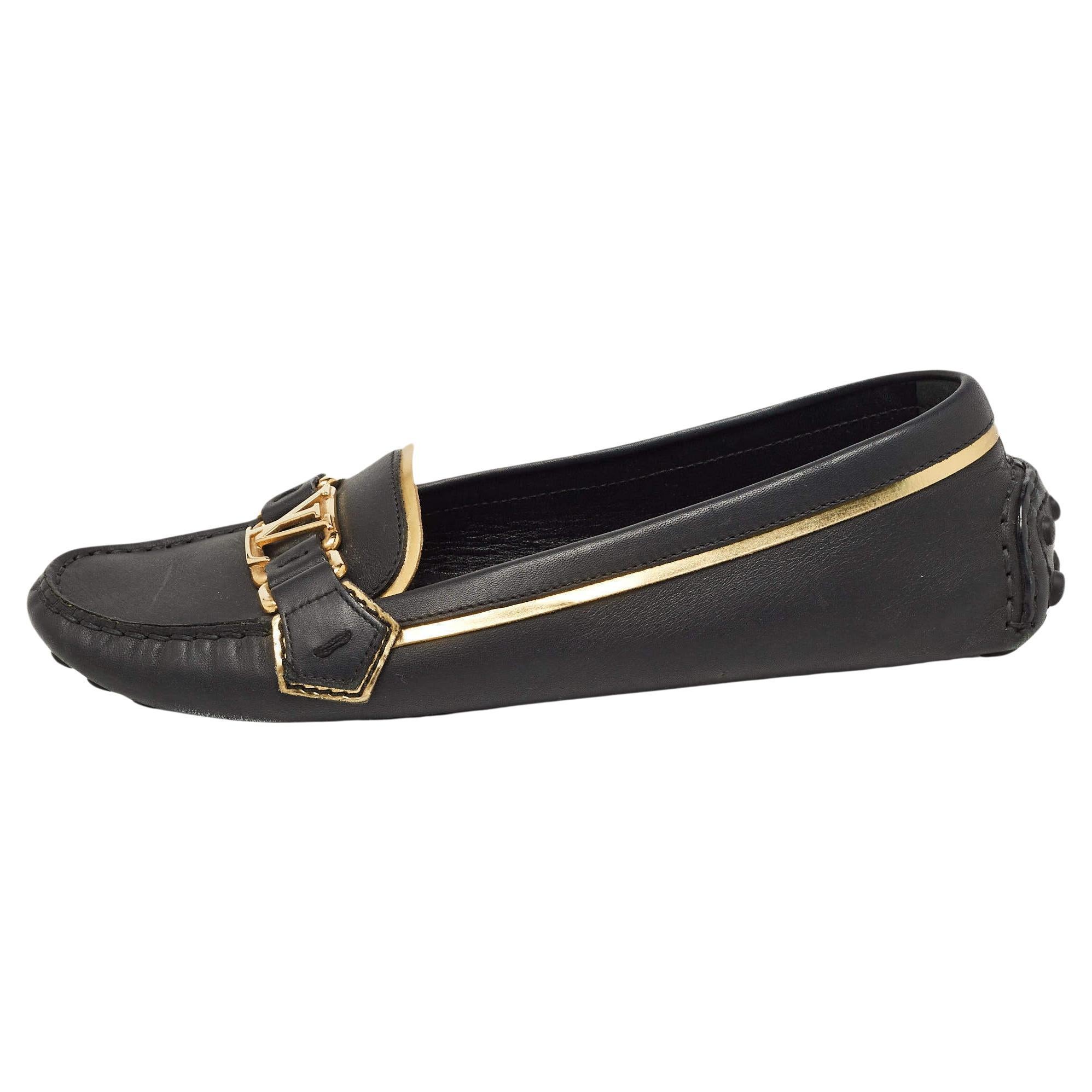 Louis Vuitton Black Leather Oxford Logo Detail Loafers Size 36.5 For Sale