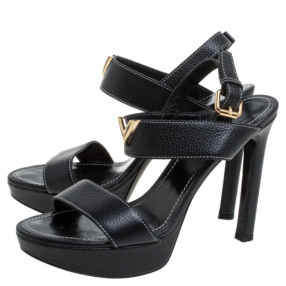 Women's Louis Vuitton Black Leather Platform Ankle Strap Sandals Size 38.5