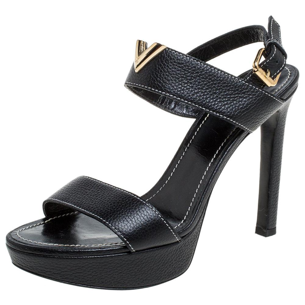 Louis Vuitton Black Leather Platform Ankle Strap Sandals Size 38.5