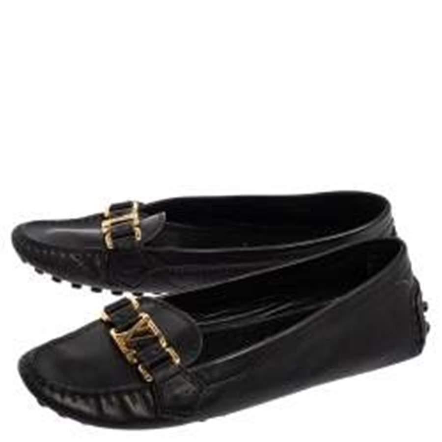 Women's Louis Vuitton Black Leather Slip On Loafers Size 37.5
