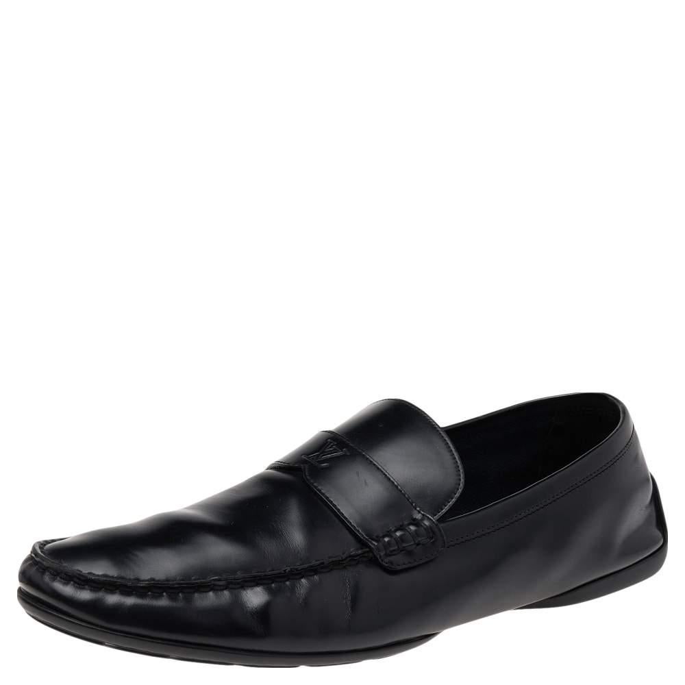 Louis Vuitton Black Leather Slip on Loafers Size 44.5 For Sale 1